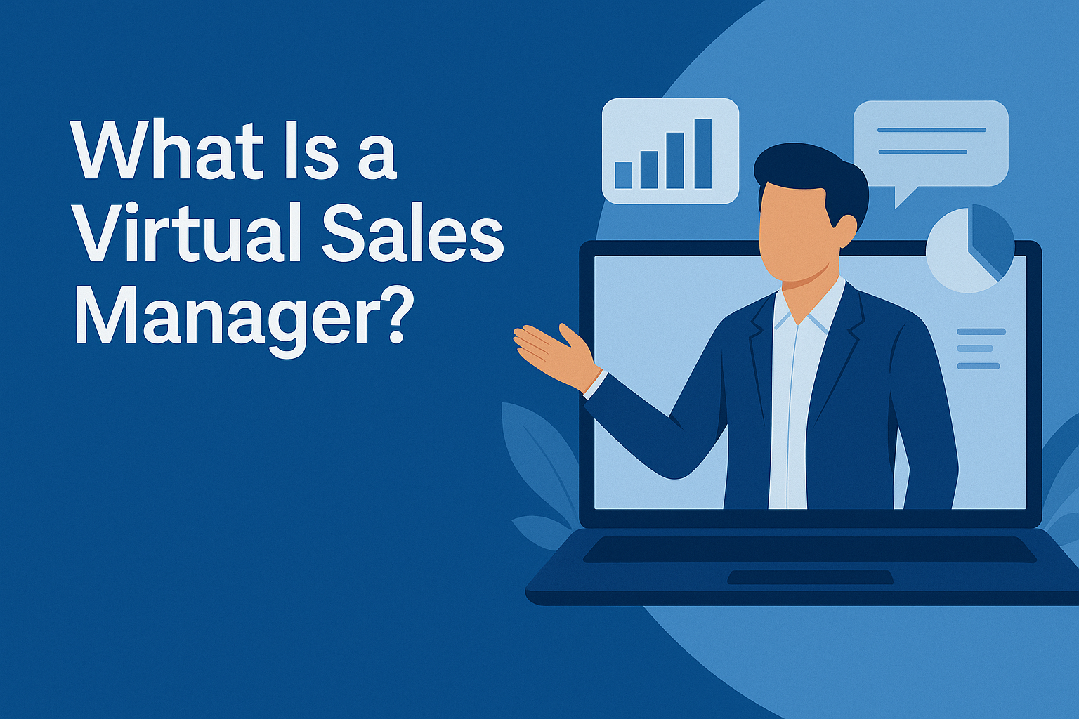 Illustration of a virtual sales manager in a navy suit appearing from a laptop screen, surrounded by digital icons including a bar chart, pie chart, and speech bubble. The background is a modern, flat blue design with stylized leaves, and bold white text on the left reads: “What Is a Virtual Sales Manager?”